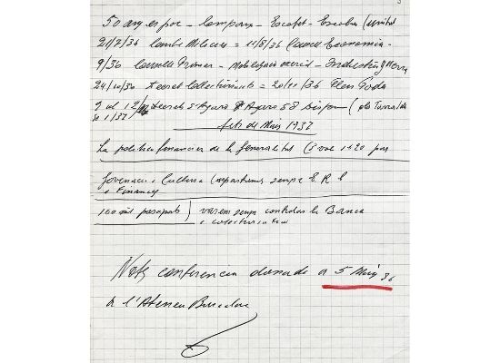 Notes manuscrites del discurs que va pronunciar el president Tarradellas a l’Ateneu per inaugurar el Curs del Cinquentenari de la Guerra Civil (1986)