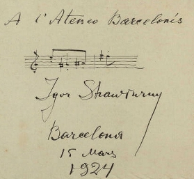 Dedicatòria d'Igor Stravinsky a l'Ateneu Barcelonès [Ms. 818]